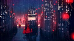 rain City artwork fantasy art concept art boat red cityscape