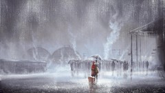 Rain crowd embrace Umbrellas paintings suitcase cities Jeff 