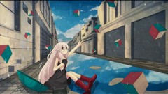 Rain dress Umbrellas puddles blondes long hair anime girls 