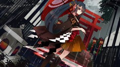 Rain dress Umbrellas puddles outdoors blue hair long hair anime 