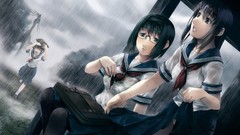 Rain glasses running wet Bags sitting water drops schoolgirls 