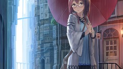 Rain glasses Umbrellas paintings drawings long hair anime girls 