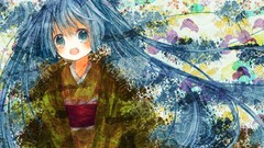 Rain kimono blue hair long hair blue eyes hatsune miku vocaloid 