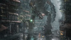 Rain Robots Umbrellas cityscapes artwork futuristic