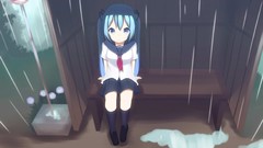 Rain socks sitting schoolgirls skirts blue hair long hair blue 
