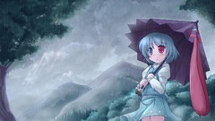 Rain Umbrellas blue hair anime girls heterochromia touhou 