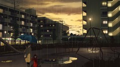 Rain Umbrellas buildings cities anime girls skies playground 