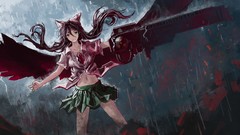 Rain wind weapons wings navel wet bows shirts skirts long hair 