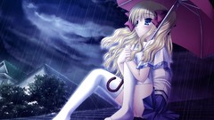 Rain woman Anime Roof Umbrellas blondes long hair blue eyes 