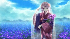 Rain woman kimono anime girls brown eyes scenic Japanese clothes
