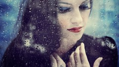 Rain woman lips faces water drops brunettes black hair