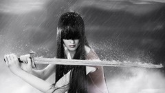 Rain woman Milla Jovovich monochrome long hair brunettes girls 