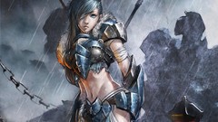 Rain woman stomach armor Warriors chains blue eyes artwork 