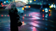 Rain woman traffic lights Umbrellas bokeh outdoors cityscapes