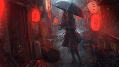 Rain woman Umbrellas Chinatown artwork Andree Wallin