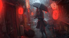 Rain woman Umbrellas lanterns asians brunettes artwork Andree 