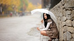 Rain woman Umbrellas sitting asians models Korean depth of 
