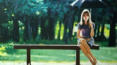 Rain woman Umbrellas skirts brunettes legs crossed paintwork 