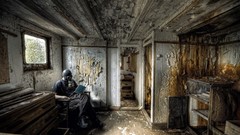 Reading indoors gas masks post-apocalyptic