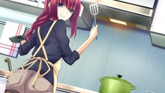 Red anime girls blue eyes game cg aprons
