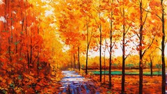 Red autumn maple watercolor paintings path forests artwork