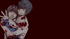 Red background blue eyes short hair black hair black eyes 