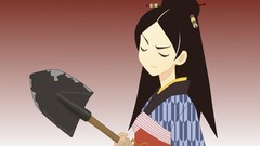 Red background kimono long hair anime girls shovel closed eyes 