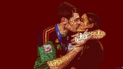 Red background kissing typographic portrait Sara Carbonero