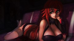 Red barefoot anime girls bra cleavage underwear panties 