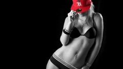 Red black and white woman monochrome blondes bracelets Red Hat 