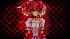 Red blood dress red background red eyes bows pink hair anime 