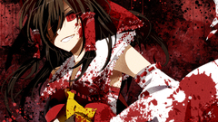 Red blood grin red eyes Spotted bows long hair brunettes 