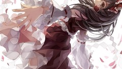 Red dress bows skirts long hair anime girls brown eyes 