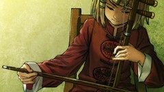 Red dress instruments blondes blush anime girls closed eyes 