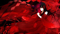 Red dress red eyes Ribbons red dress bows masks long hair 