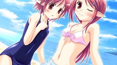 Red eyes anime girls bikini school swimsuits