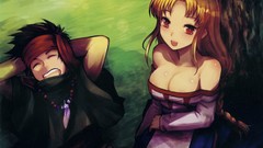 Red eyes anime girls braids lying down cleavage artwork anime 
