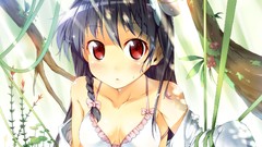 Red eyes anime girls brunettes makoto cleavage bikini open shirt