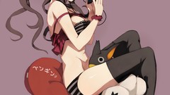 Red eyes anime girls cleavage panties Simple Background thigh 