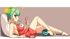 Red eyes anime girls green hair pocky