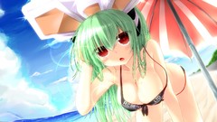 Red eyes Beaches green hair cleavage bikini