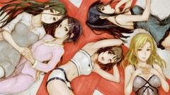 Red eyes blondes long hair anime girls green hair lying down