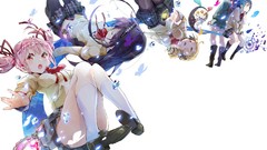 Red eyes blondes skirts blue hair pink hair long hair anime 