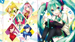 Red eyes blondes twins blue hair pink hair long hair blue eyes 