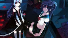 Red eyes blue hair long hair barefoot anime girls blue eyes 