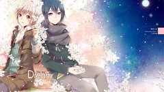 Red eyes blue hair long hair short hair cherry blossoms purple 