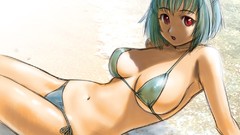 Red eyes blue hair nekomimi bikini