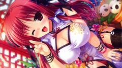 Red eyes blush anime girls redheads cleavage boobs Chinese 