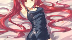 Red eyes blush long hair lying down nyaruko tails twin