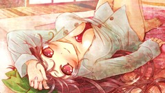 Red eyes bows shirts long hair barefoot indoors brunettes 